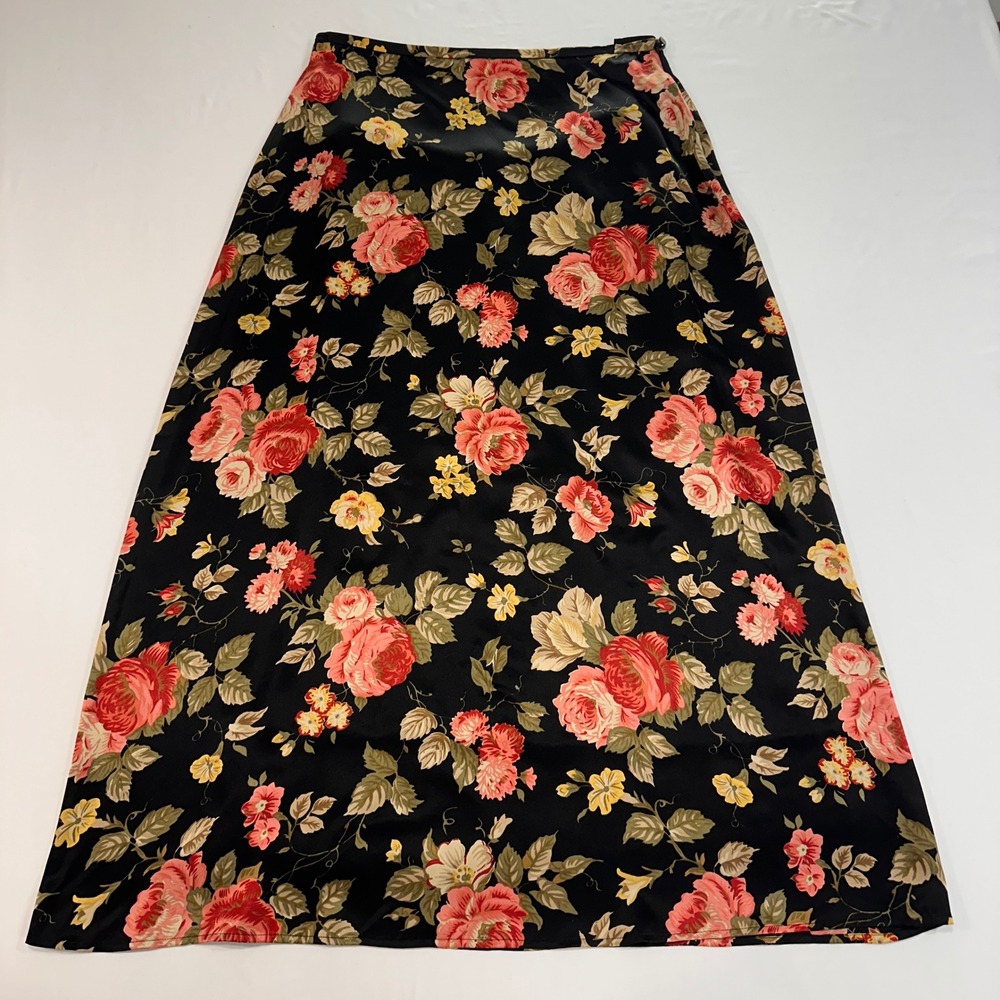 VTG Limited America 100% Silk Floral Maxi Skirt Womens 12 Black Rose Cottagecore
